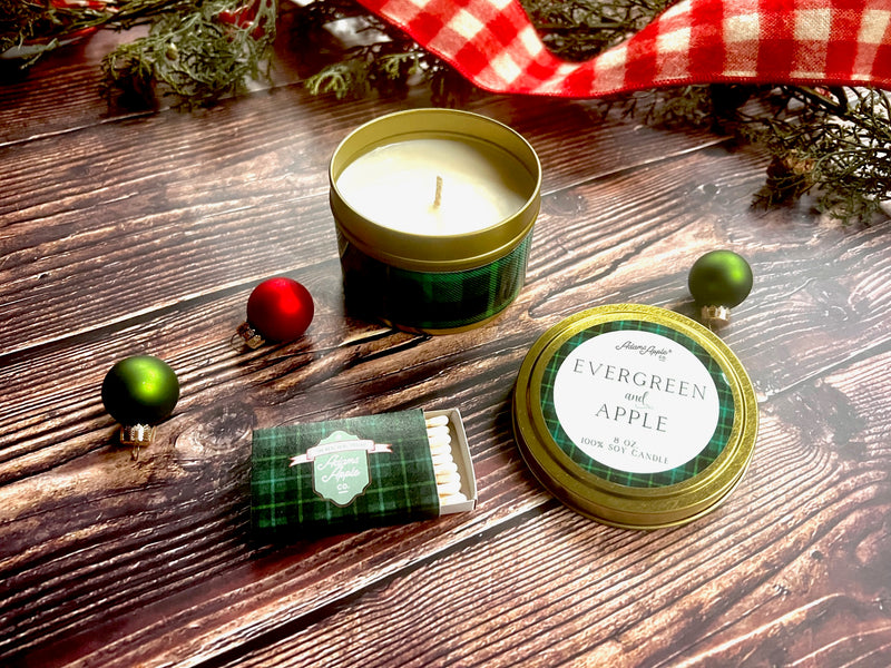 Evergreen and Apple Soy Candle and Plaid Matchbook